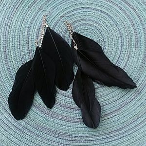 Black feather and rhinestone earrings